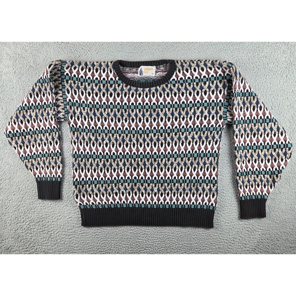 Vintage London Fog‎ Sweater Mens L Knit Grandpa Pullover 3D Abstract 90s